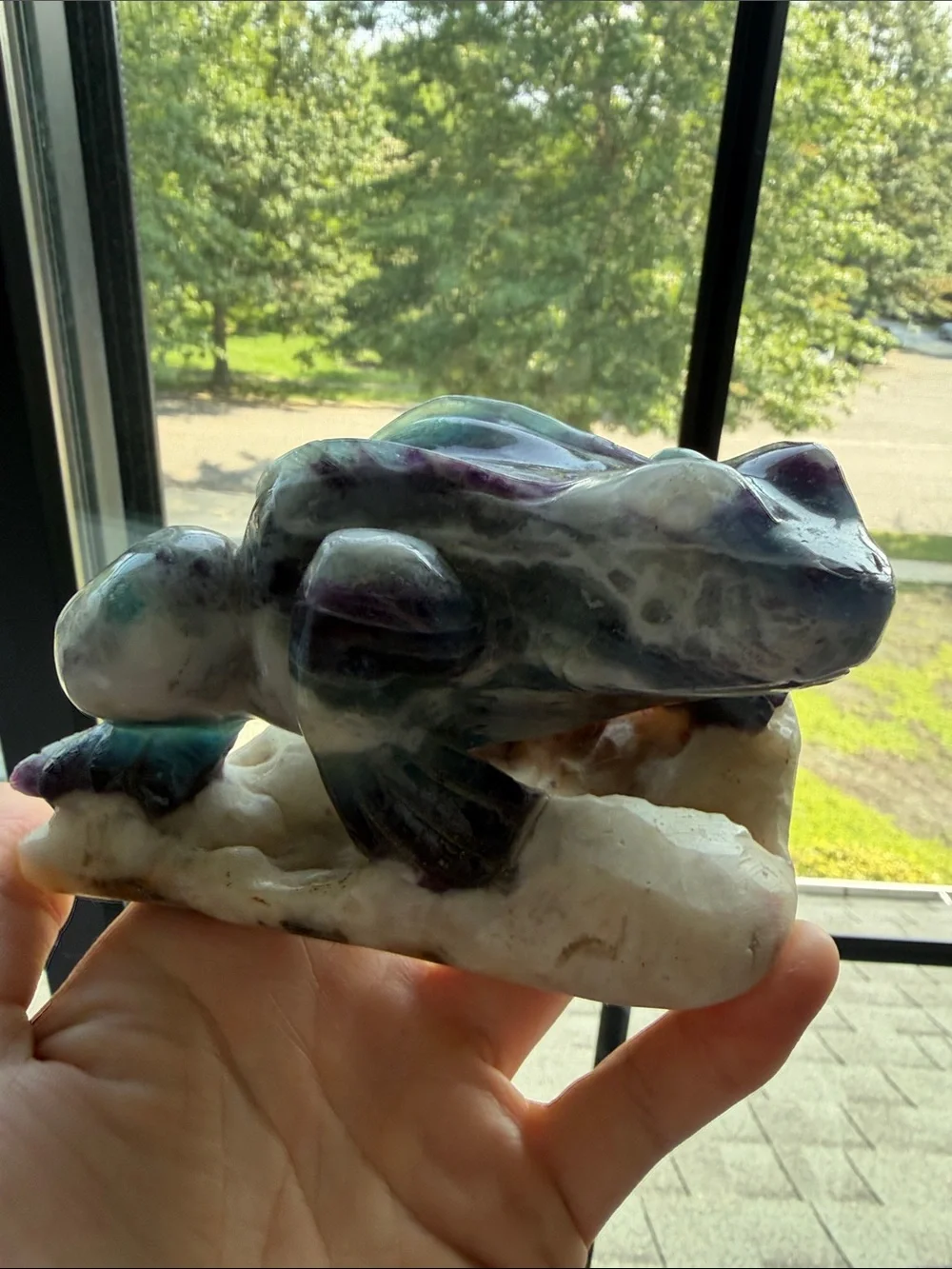 Rainbow Fluorite Green and Purple Marble Frog Carving